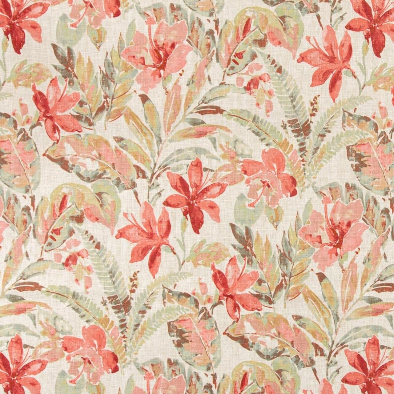 Pink Coral Red Stain Resistant Performance Floral Botanical Print Upholstery Fabric by The Yard - SKU: Brixton Punch